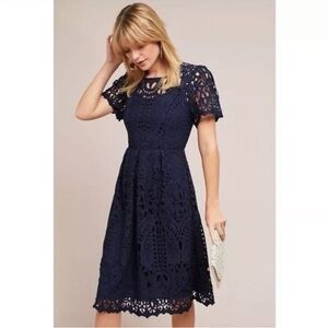 Anthropologie Eri + Ali Navy Blue Short Sleeve Lined Lace A-Line Midi Dress
